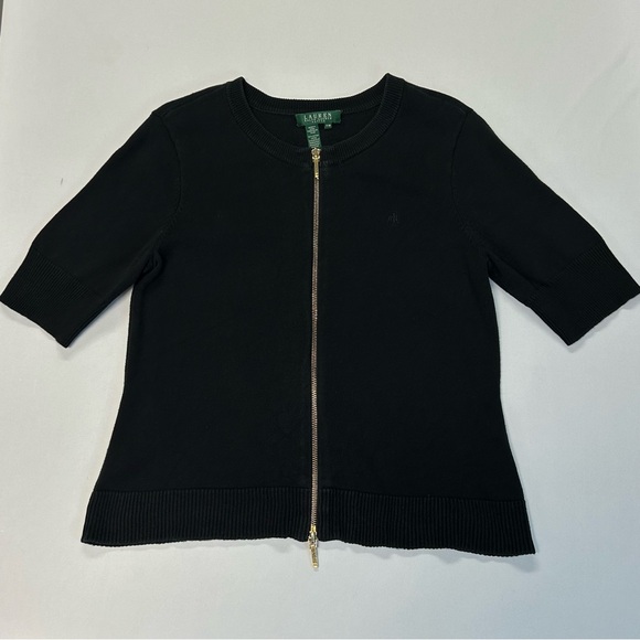 Lauren Ralph Lauren Knit Top Petite Size M Short Sleeve Zip Up 100% Cotton Black - Picture 2 of 11